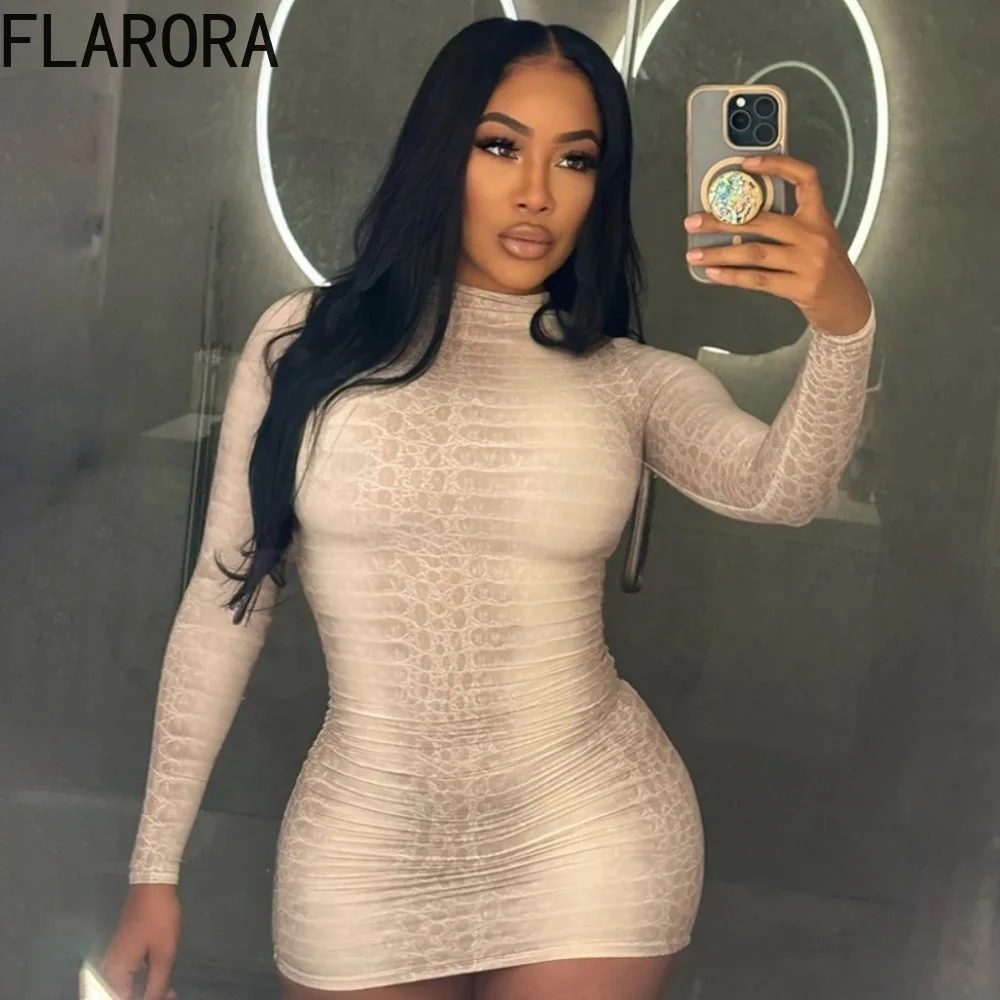 

FLARORA Hot Girl Snake Pattern Printing Mini Dress Woman Round Neck Long Sleeve Bodycon Dresses Sexy Street Midnight Clubwear
