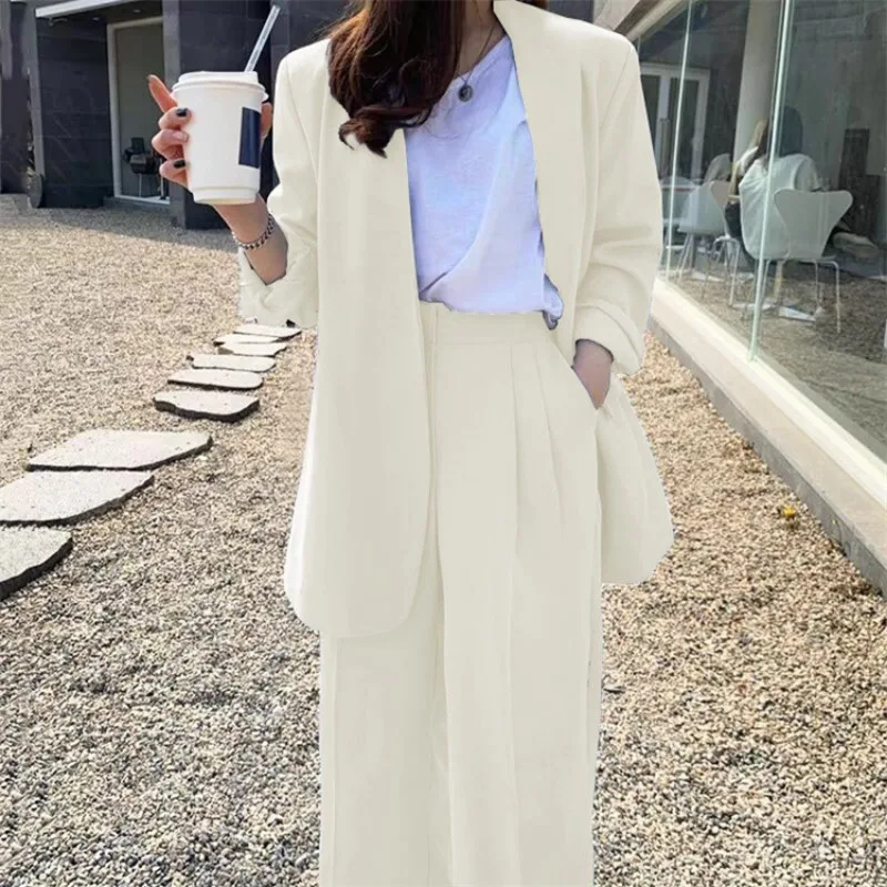 2022 Spring New Two-piece Set Suit Blue Double Breasted Blazer + Casual Straight Trousers Elegant Fashion Chic Women\'s Clothes