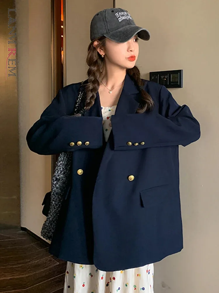 LANMREM Office Lady Solid Color Women\'s Blazer Loose Notched Collar Back Buton Design Coat Fashion 2024 Spring New 2AA5046