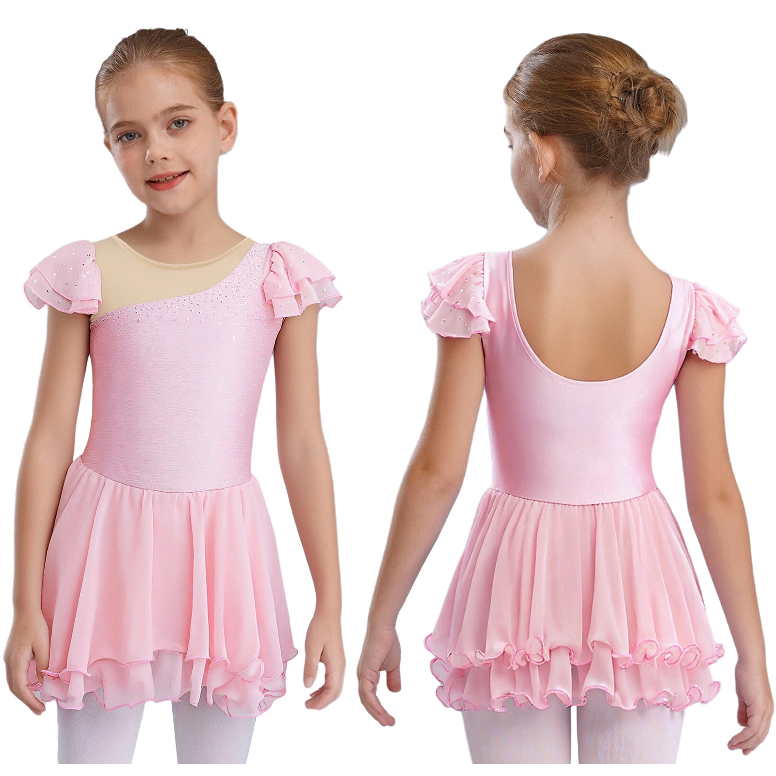Figure Ice Skating Dress for Girls Ballet Jersey Gymnastics Glittery Rhinestone Leotard Mesh Skater Dance Competition Costume