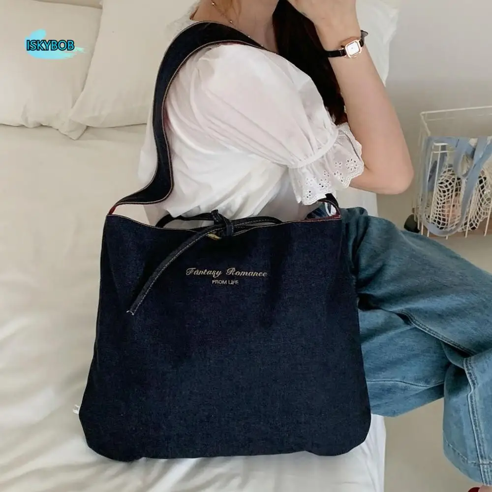 

Cloth Double Sided Denim Bag Korean Style Flower Denim Shoulder Bag Geometric Large Capacity Bohemian Messenger Bag Outdoor