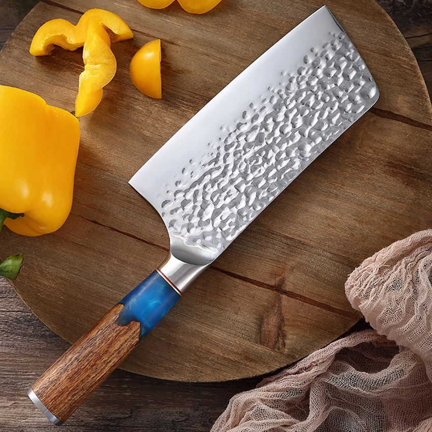 Forged Hammer Pattern Vegetable Cleaver Utility Stainless Steel Chef Knife Resin Wood Handle Sharp Slicing Kitchen Cutting Tool