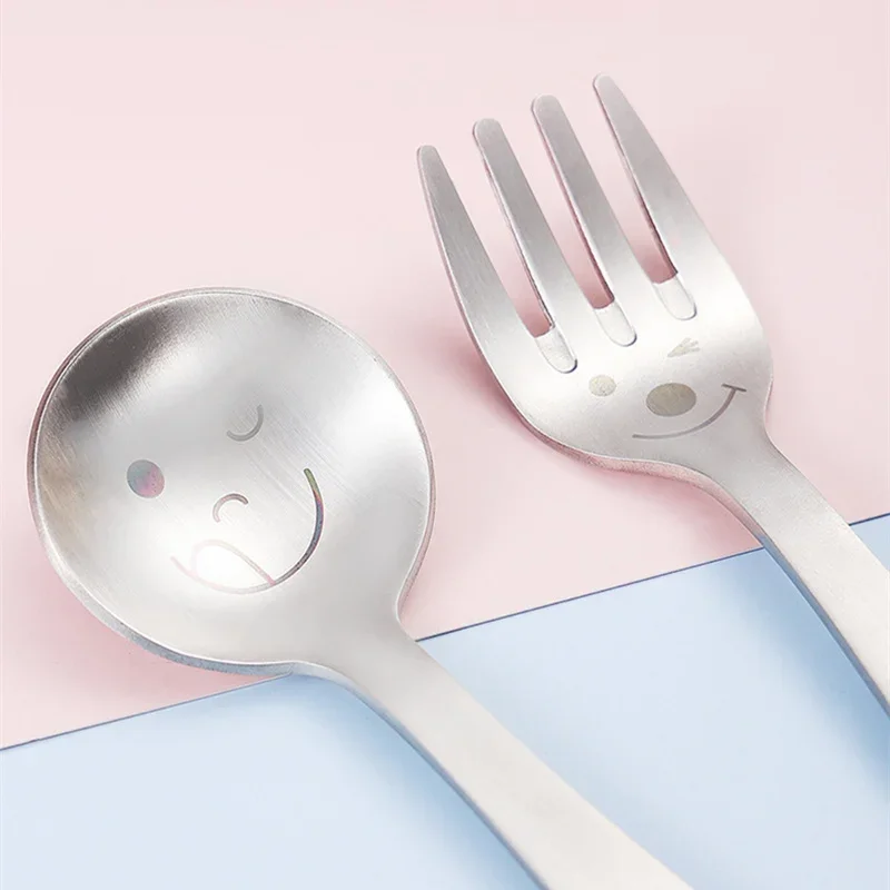 304 Stainless Steel Children Utensil Fork Knife Teaspoon Spoon Dinnerware Cutlery Smiley Cartoon Tableware Baby Feeding Set