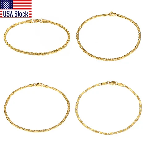 3mm Simple Anklet For Women Men Stainless Steel Gold Color Rope Figaro Curb Foot Chain Mens Bracelet Jewelry 10inch KA12