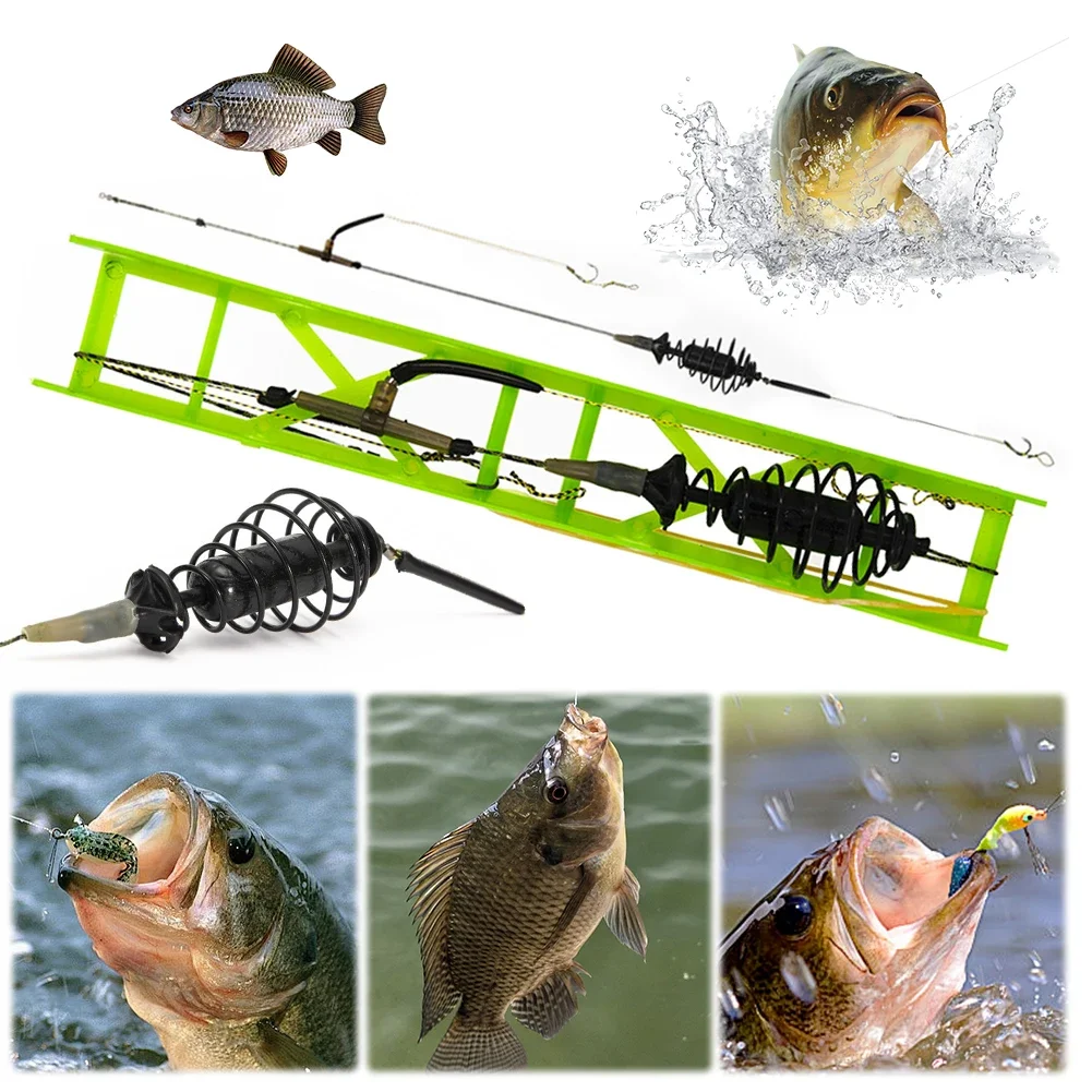 Carp Fishing Trap Basket Long Line Carp Nesting Device with Hooks Fixed-Point Bait Nest Feeder for Fishing Set Spring Tool