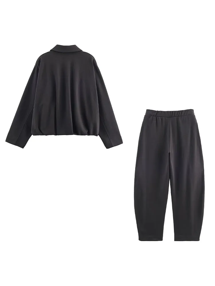 Hh feminino outono moda ternos sólido turn-down colarinho mangas compridas casaco com zíper superior + cinto de cintura alta decoração calças conjuntos femininos