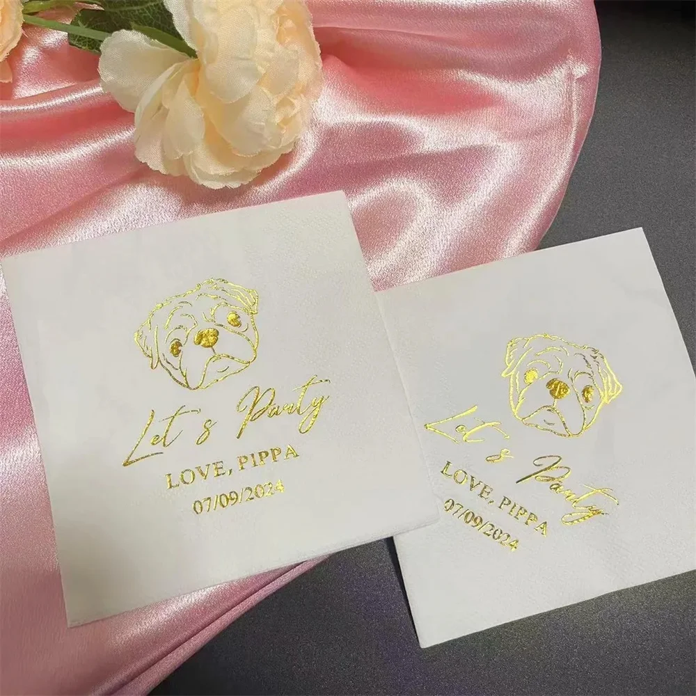 

50 PCS Custom Dog Gold Foil Wedding Napkins, Personalized Pet Illustrated Cocktail Napkins, Birthday Napkins, Custom Napkins For