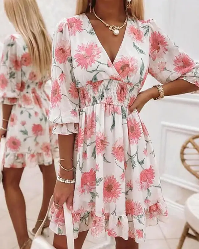 

Women's Dress 2026 New Style V-Neck Drawstring Waist Flower Print Lantern Sleeve Design Slim Fit Fashionable Casual A-Line Dress