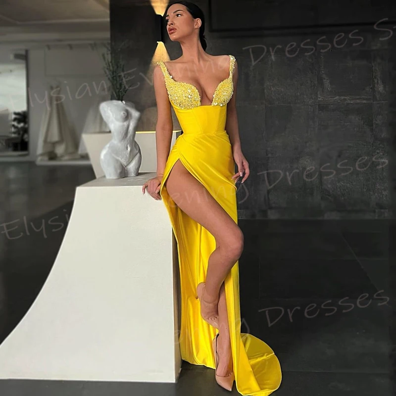 Robe de Soirée de Forme Sirène pour Femme, Tenue Classique, Sexy, Bretelles Spaghetti, Quel que soit le Côté à la Mode, Fente Haute