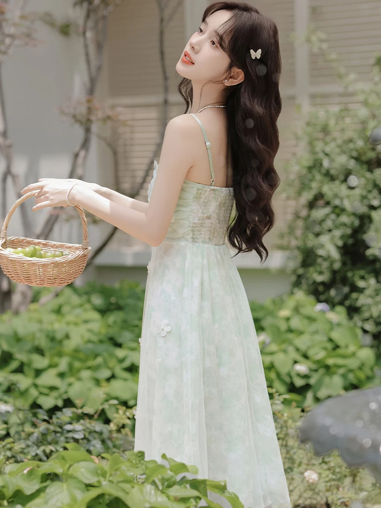 Women Green Floral Chiffon Chic Beading Luxury Sling Dress Summer Elegant Casual Holiday Dress 2025 Korean Fashion Bodycon Dress