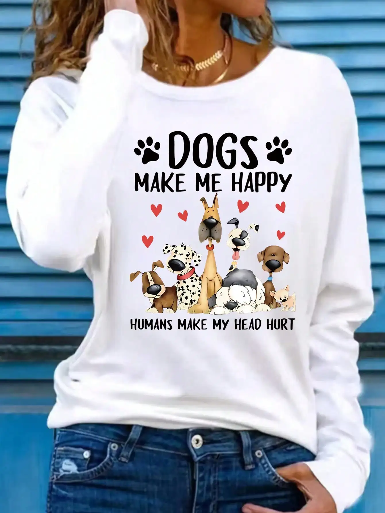 2026 Damen Frühling und Sommer Lässiges Slogan-Hunde-Print Rundhals Einfarbiges Langarm-Pullover T-Shirt – Detail 19
