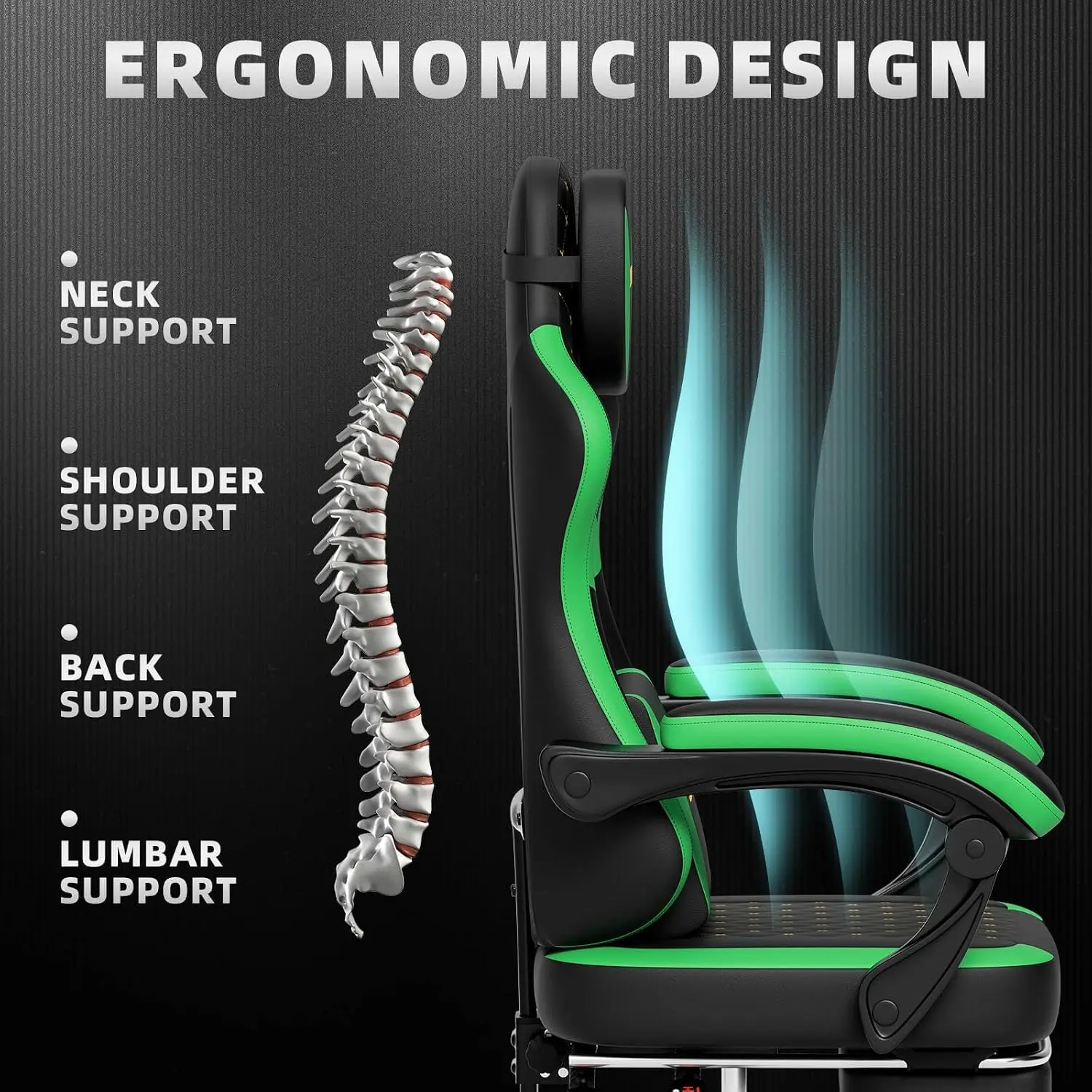 Ergonomic Gaming Chair with Footrest & Massage Lumbar Pillow, Height Adjustable 360° Swivel Computer Chair, Linked Armrest & Headrest for Office Gaming (Black Green image 5