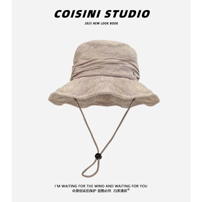 

Elegant Pleated Linen Bucket Hats Spring Summer Sun Protection Light and Breathable Niche Literary Versatile Women's Caps