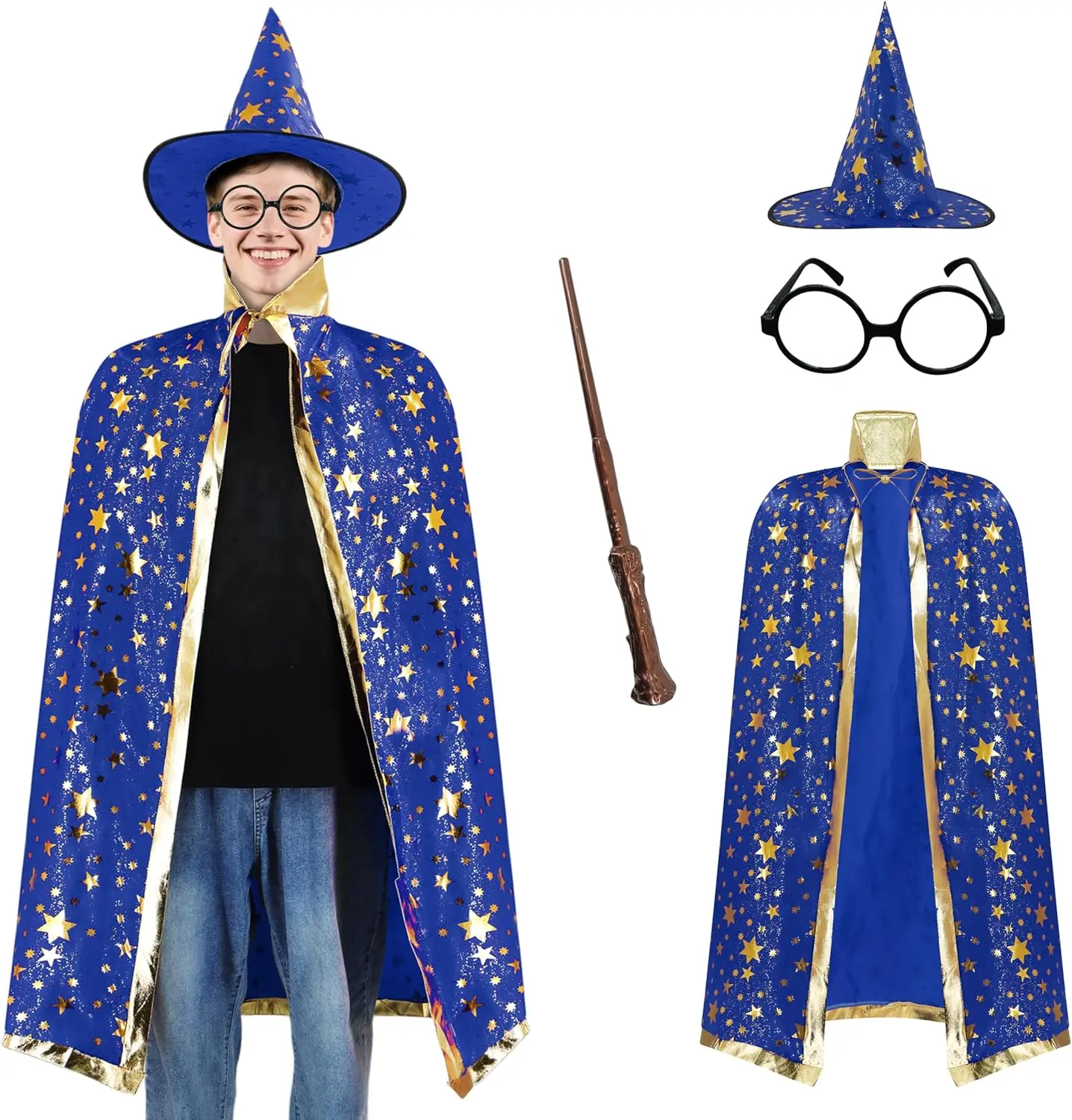 

Adult Children Wizard Cape,Wizard Cloak Costume with Wizard Hat Wand and Eyeglasses for Halloween Cosplay Clothes wit
