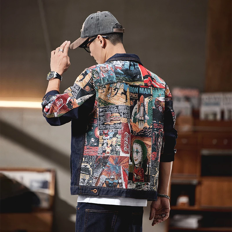 High quality Japanese casual ethnic style denim jacket men's retro loose jacket workwear set clothes suits for men - view 3
