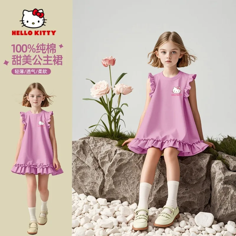 

Sweet Hello Kitty Anime Kawaii Sanrio Ins Fashion Short Sleeve Dress Summer Cute Kt Cat Princess Casual Skirt Clothes Gifts