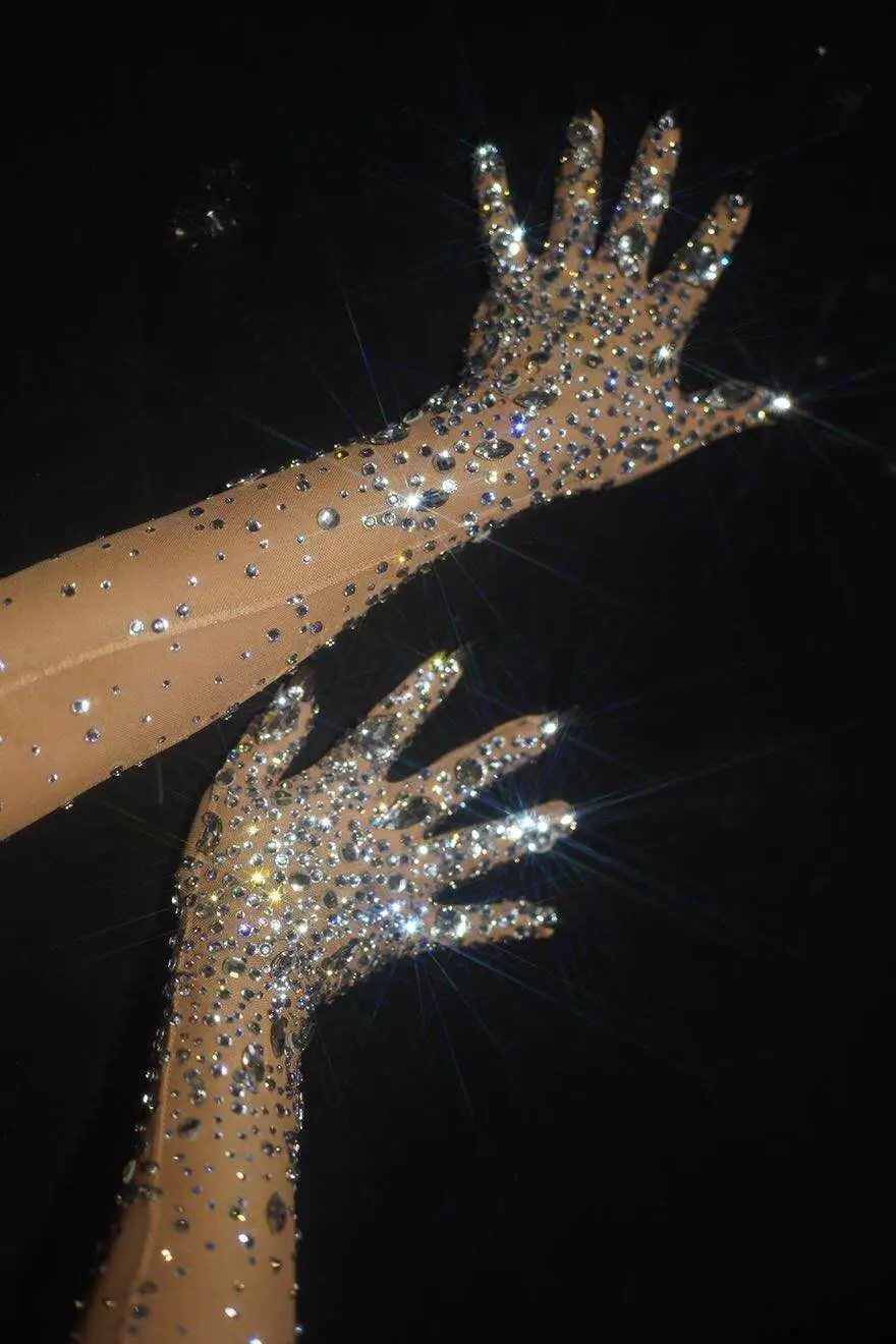 Luxurious Stretch Sparkling Rhinestone Gloves Women Crystal Mesh Long Perspective Gloves Dancer Singer Stage Wear Accessories