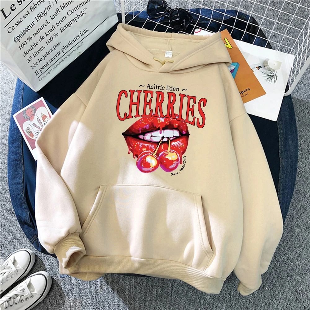 Cherries On The Lips Print Hoodies Women Hip Hop Oversize Unisex Clothing Casual Fleece Hoody Autumn Fashion Pullover Woman