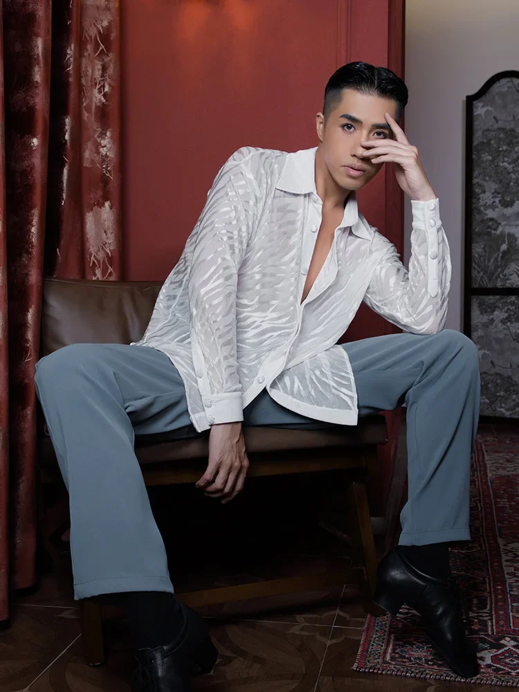 ใหม่Latin Dance TopsสําหรับชายZebraรูปแบบตาข่ายเสื้อแขนยาวชายละตินฝึกเสื้อผ้าRumab Latin Danceเสื้อผ้าDQS8610