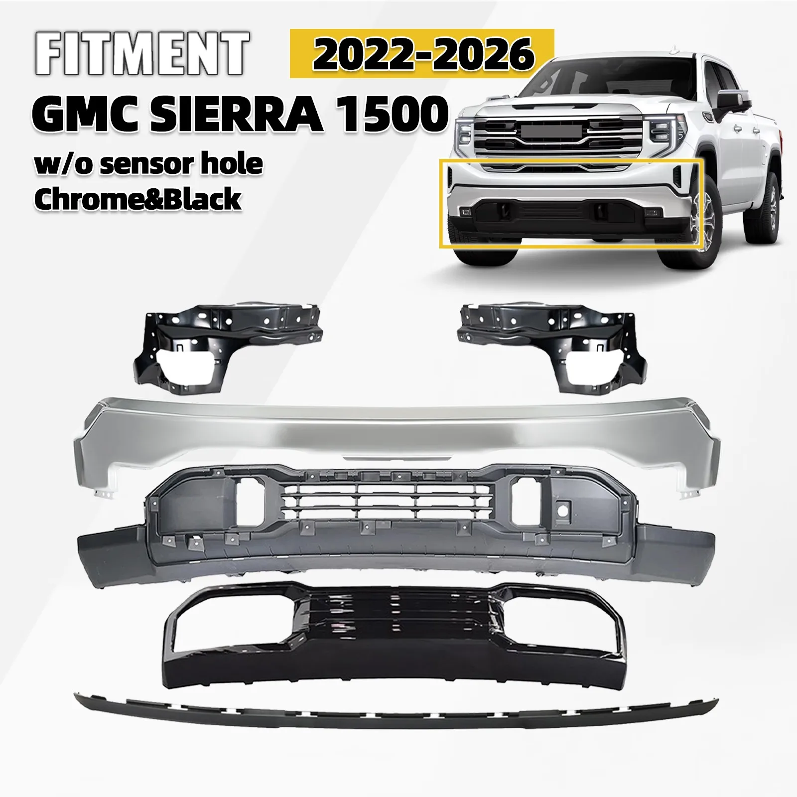 

For 2022-2026 GMC Sierra 1500 SLT Front Bumper Kit W/O Park Sensor Hole NA ENG