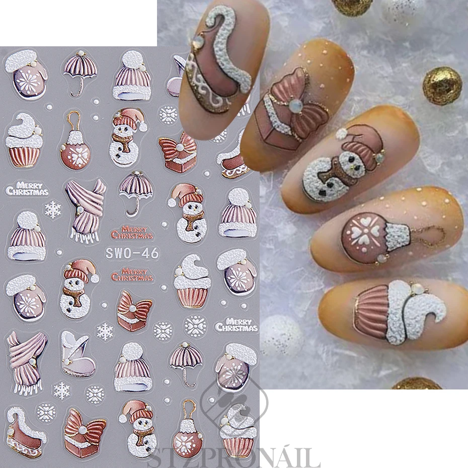 Christmas Nail Stickers 5D Embosse Santa Claus Snowflake Snowman Penguin Elk Winter Xmas Manicure Decal Sliders Nail Art Decor