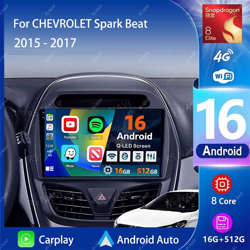 Radio Multimedia para Auto con Android 16, Carplay, WIFI+4G para CHEVROLET Spark Beat 2015-2017, Autoradio Estéreo 2din, Unidad Principal