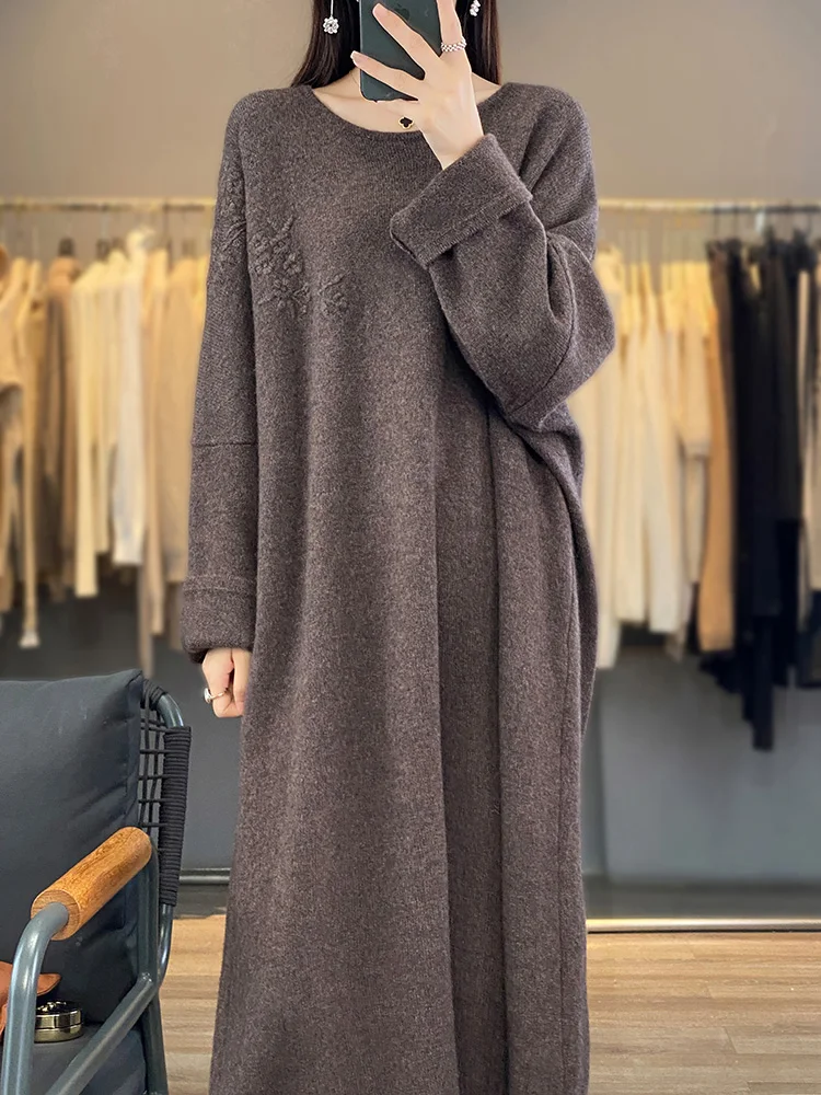 Women Knit Dress Oversize Embroidered Flowers 100% Wool Crew Neck Drop-Shoulder Sleeve Autumn Winter Dress O-neck Long Sweaters