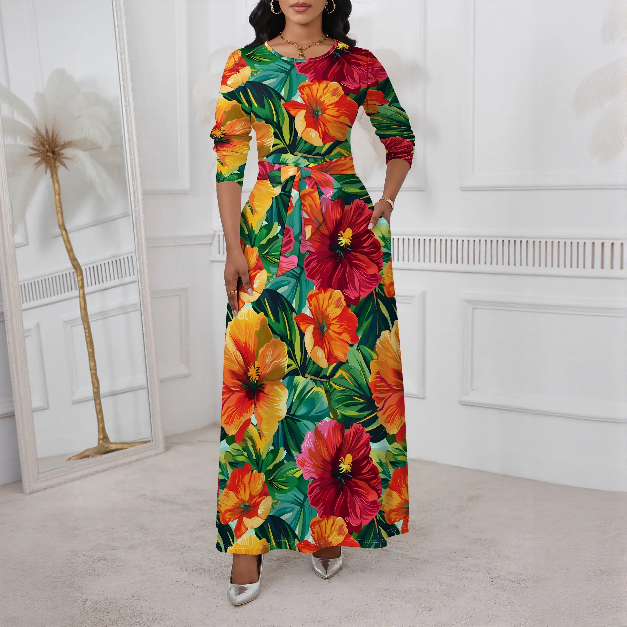 

Nupusa Tropical Floral Print Dress for Women Regular Size Summer Casual Round Neck Long Sleeve Maxi Dress