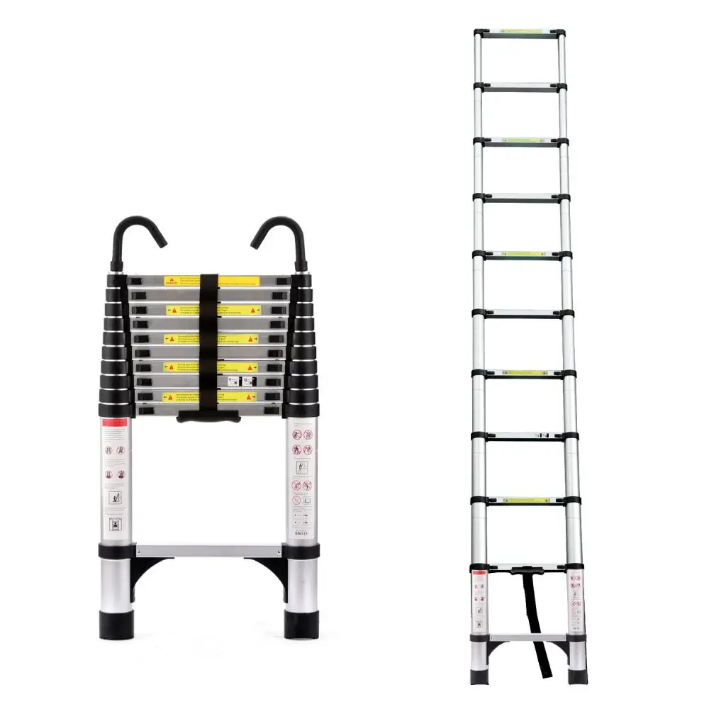 10.5ft Retractable Aluminum Ladder with Hook, Foldable Multi-functional, RV/Attic/Home,330lbs (≈3.2m)
