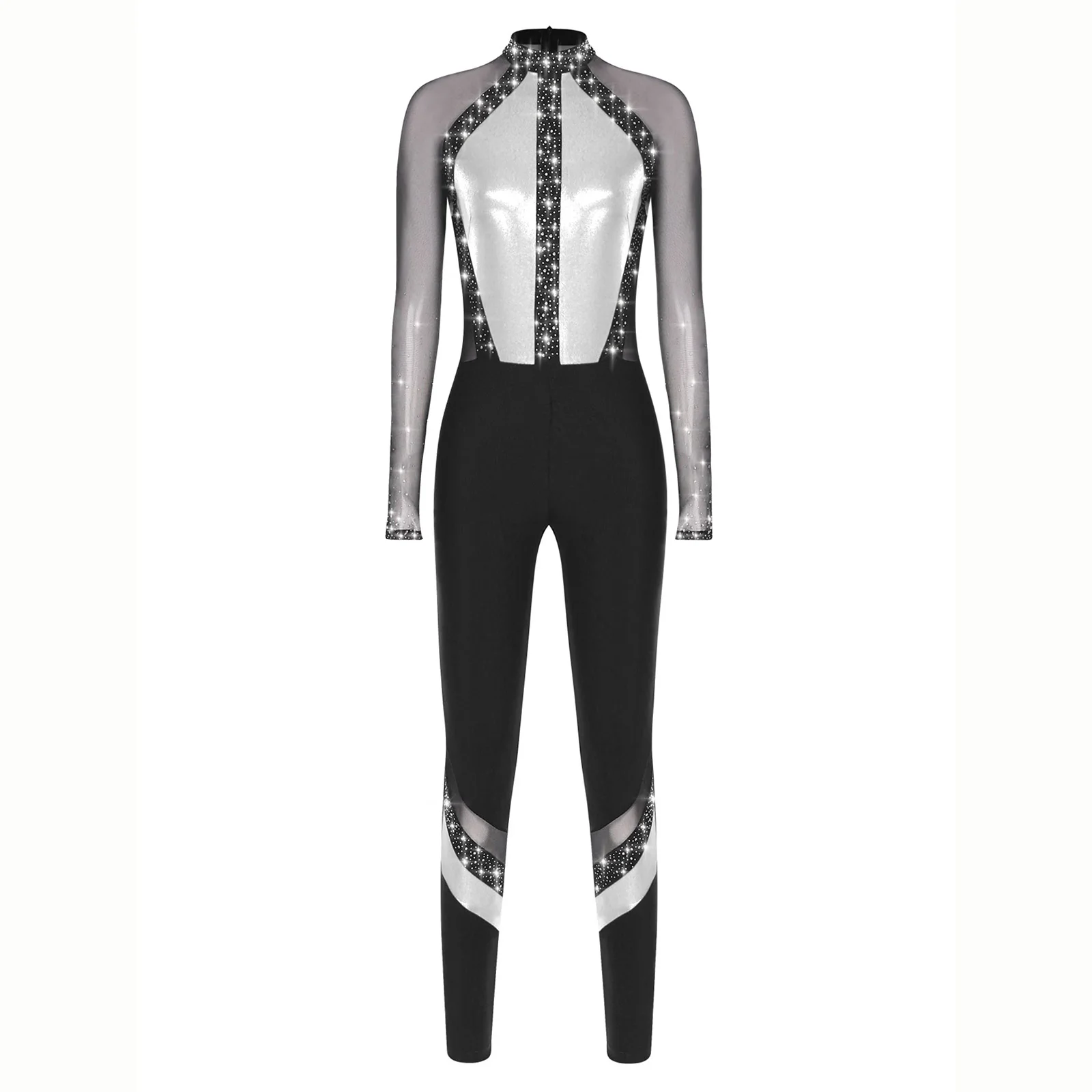Women Artistic Gymnastics Jersey Leotards Full Jumpsuit Figure Skating Dance Costume Shiny Rhinestones Mesh Long Sleeve Bodysuit
