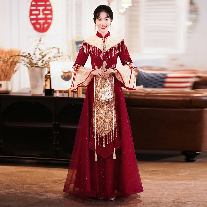 

Mandarin Collar Chinese Bridal Prom Party Cheongsam Elegant Appliques Dresses Flare Sleeve Qipao Sexy Tassel Pleated Vestidos