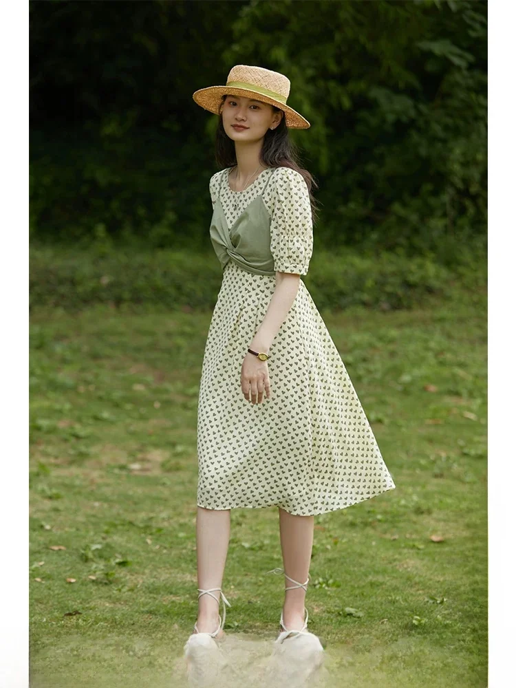 

Summer New Love Heart Floral Print Dress Set Self-Clever Women's Fashion High Waist Bubble Sleeve Polyester Blend Midi Dress