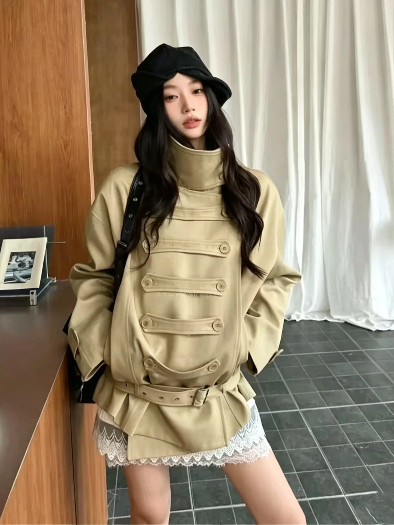 Napoleon Style Coat Jacket Women's Autumn New Vintage Waist-Cinching Belted Top Quality Polyester Fiber Double-Breasted Regul...