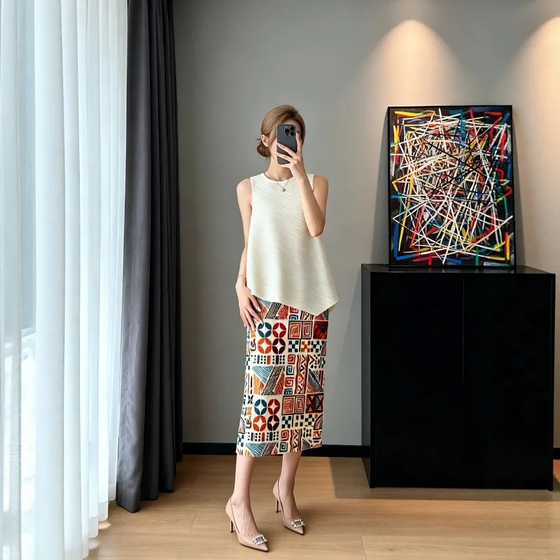 Miyake Pleated 2026 Skirt for Women New Bohemian Ethnic Geometric Print High Waist Fashionable Slimming Mid-Length Pleated Pleat