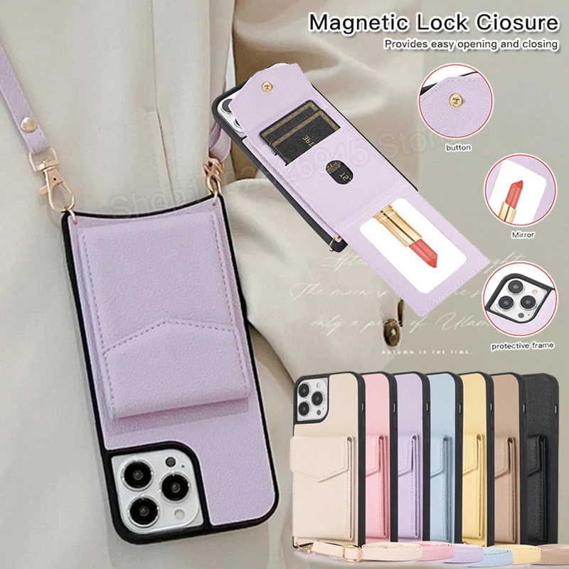 

Card Holder Makeup Mirror Mobile Phone Case for IPhone 15 14 Pro Max 13 12 11 Crossbody Cord Lanyard Back Cover