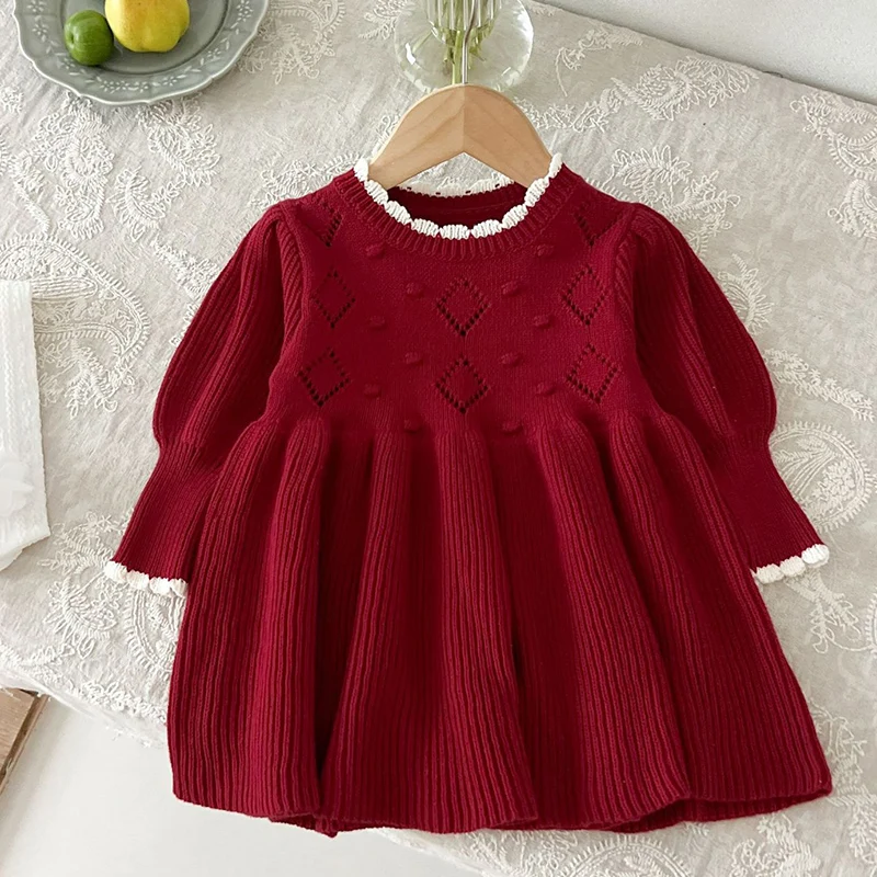 2024 New Autumn 0-4Yrs Baby Girl Party Dress Long Sleeved Knitted Kids Princess Dresses Children Knitting Clothes