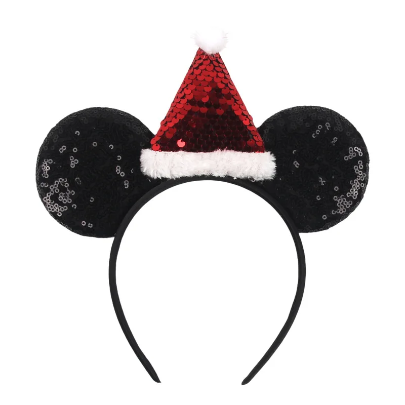 Disney Mickey Mouse Christmas Sequins Santa Hat Headband for Adults Xmas Kids Girls Party Hairbands Women Bows Hair Accessories