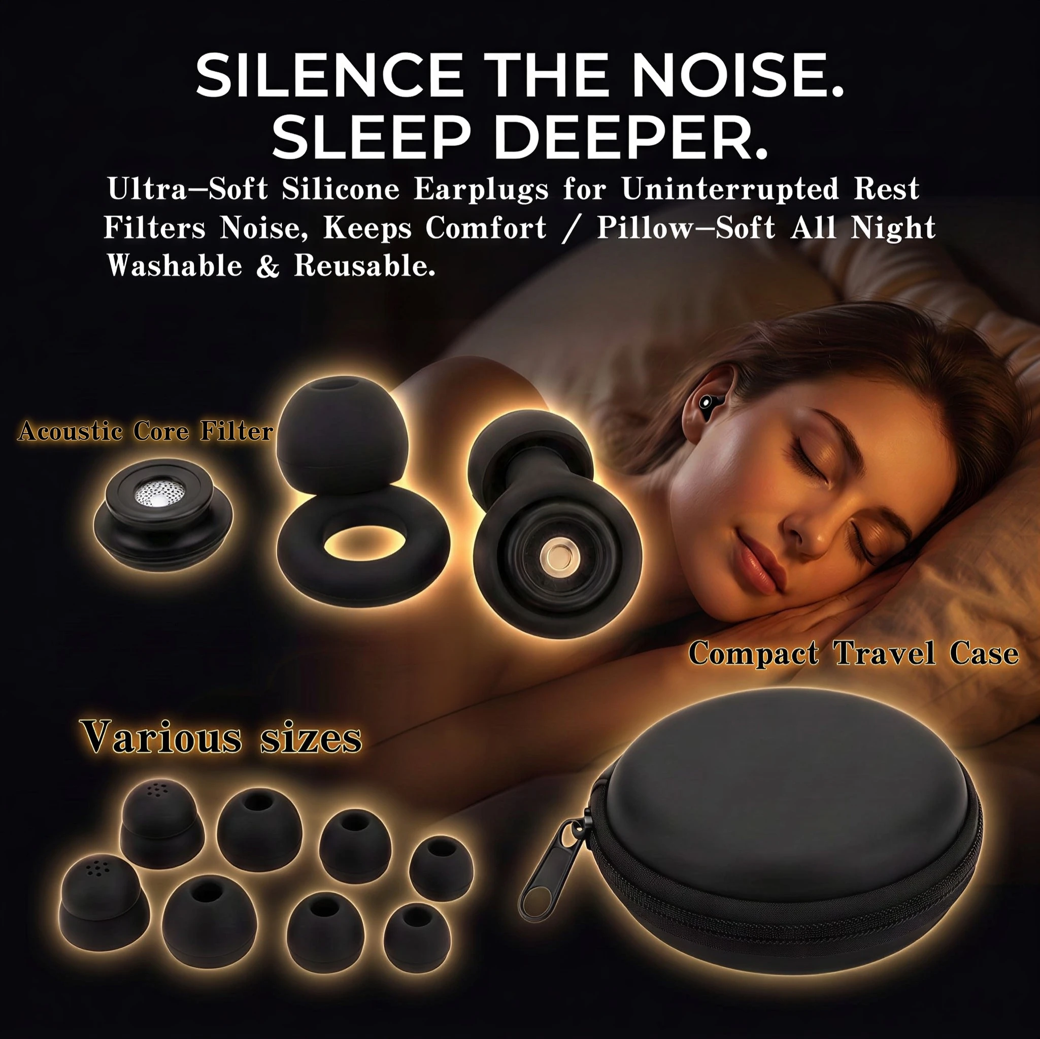 Reusable Silicone Sleep Noise Reduction Earplugs, 4 Pairs Replaceable Tips, Portable Storage Case, Sound Insulation Earplugs