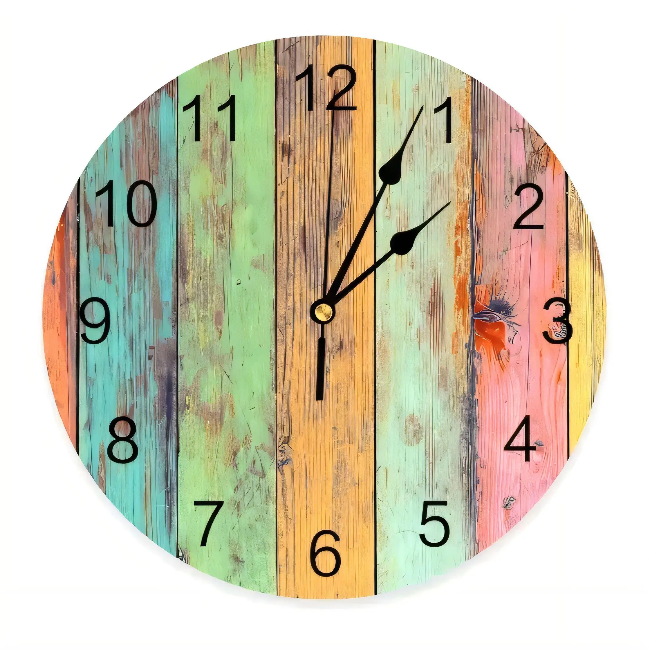 Rustic Multicolor Wooden Plank Wall Clock Silent Non Ticking Battery Operated  Decorative Home Farmhouse Vintage