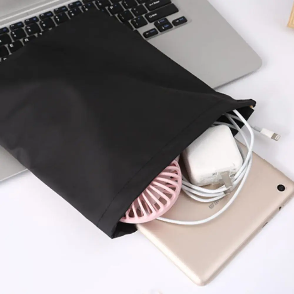 Cute PU Leather Phone Storage bag with Draw String Waterproof Power Bank Case Soft Black Headphone Case Pouch Card Holder Bag