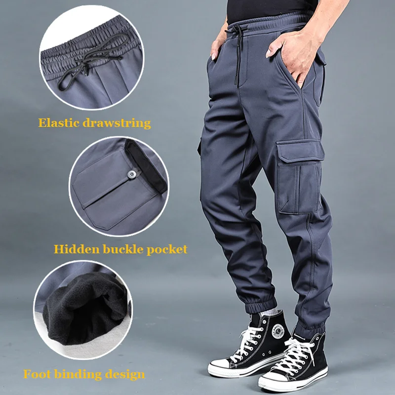 

Winter Men Workwear Pants Fleece Cargo Trousers Multi-Pocket Straight Thick Warm Sweatpants Trendy High Street Jogger Pants