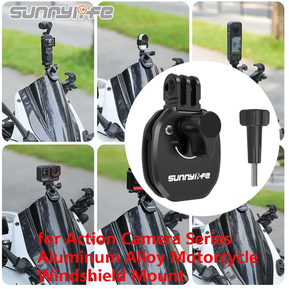 Sunnylife Motorcycle Windshield Clip for DJI OSMO 360/Action 5 Pro/Pocket 3 Camera Aluminum Alloy Mount for Insta360 X5/Ace Pro2