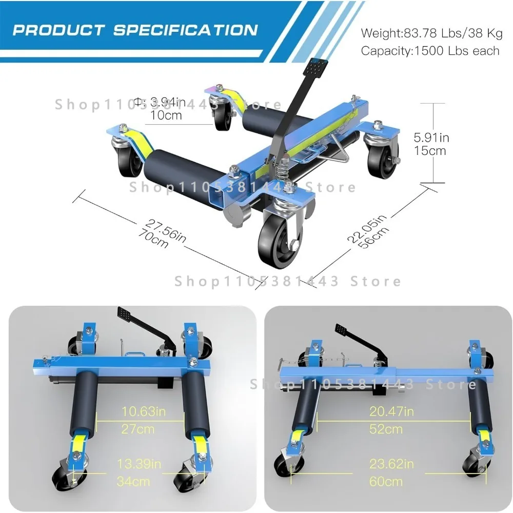 Set of 4 with Foot Pedal Vehicle Skates with Reflective Tape for Tire Repair and Hydraulic 6000LBS Car Wheel Dolly Jack
