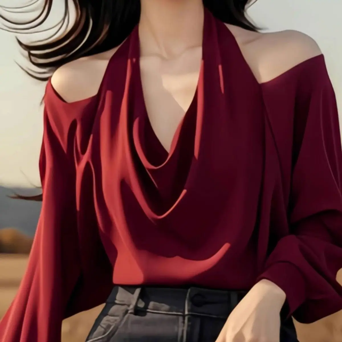

Neck Swinging Collar Off Shoulder Light Ripe French High-end Temperament Top Long-sleeved T-shirt Women's Ankola Red Fake Two Pi