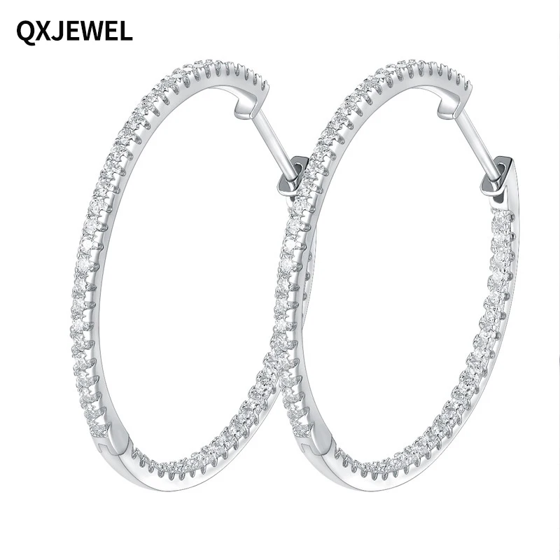 

QXJEWEL Moissanite Earrings 925 Sterling Silver with Certificate D Color VVS Round Cut Hoop 30mm for Women's Present