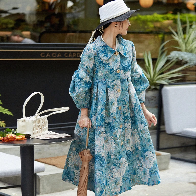 

2022 Spring Autumn Women Vintage Hihg Waisted Sweet Dobby Floral Blue Trench Coat , Woman Clothes Long Flower Coats