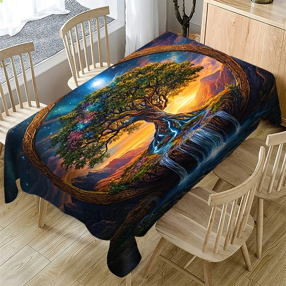 JIT2d flat printing Tree Of Life Waterfall Tablecloth, suitable for party decoration and as a gift for friendsxzj