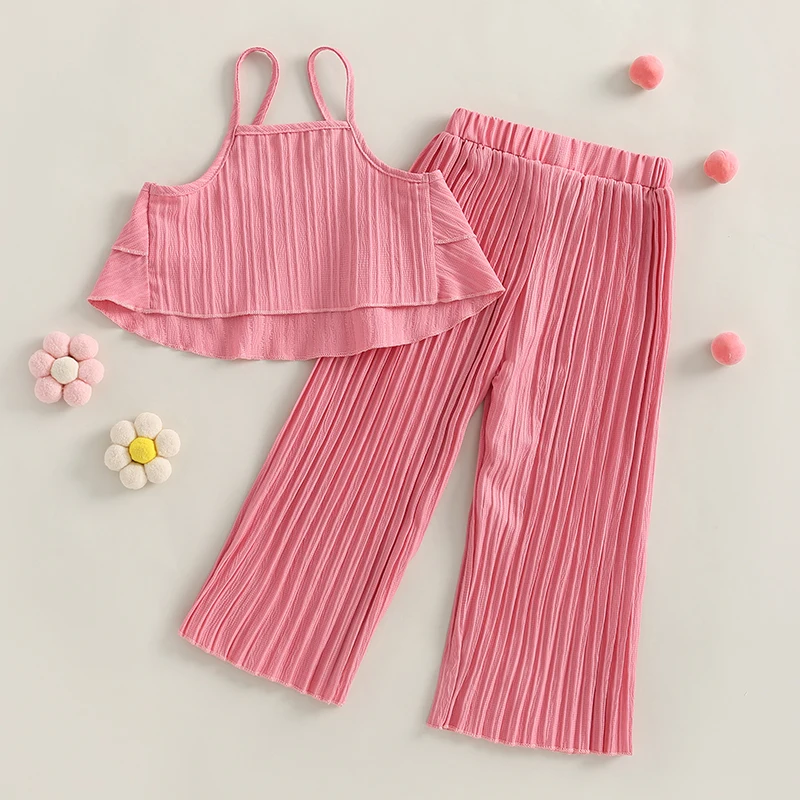 2PCS Toddler Kids Girls Spaghetti Strap Layered Ruffles Crops Tank Top Elastic Waist Wide Leg Pants Outfits