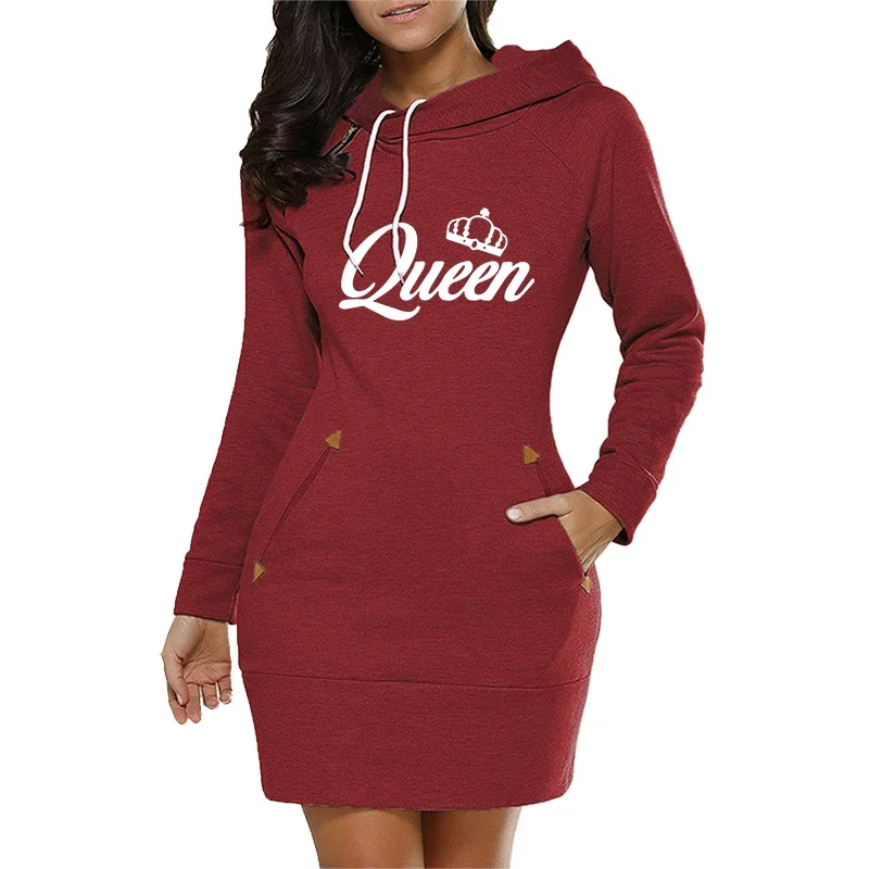 Queen Womens Dress Printing Fashion Knee-Length Hooded Frock Side Zip Neckline Sports 2024 Autumn Warm Fleece Daily Casual Skirt