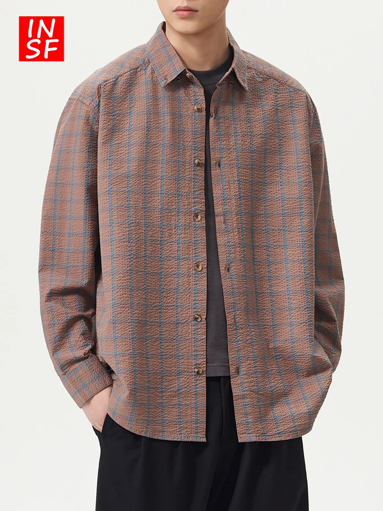 

American Sle Plaid Long Sve Men's irt Pure Cotton Spring Loose Versatile Button up Outerwear Casual Classic Design